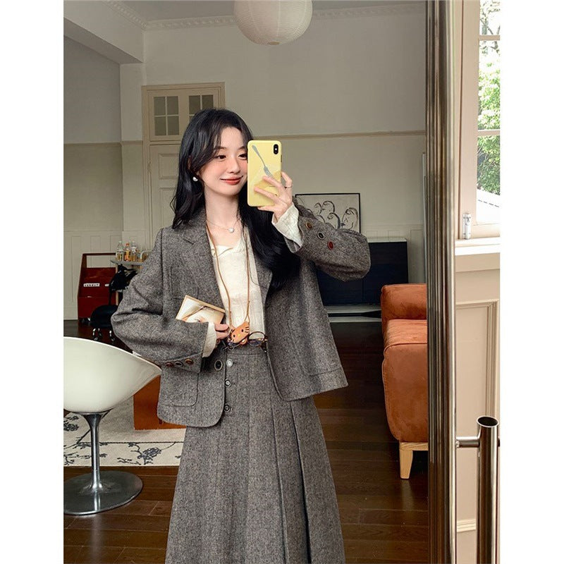 ウールライクジャケット&プリーツミディスカート セットアップ