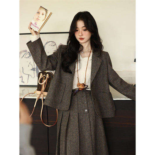 ウールライクジャケット&プリーツミディスカート セットアップ