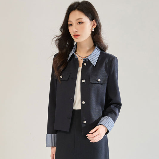 ストライプシャツレイヤード風ジャケット&ミディスカート セットアップ