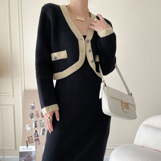 コントラストカーディガン&ニットワンピース