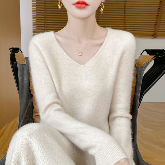 100%ウール無縫製Vネックセーター