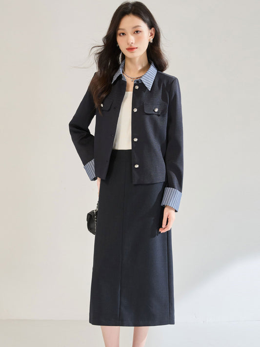 ストライプシャツレイヤード風ジャケット＆ミディスカート セットアップ