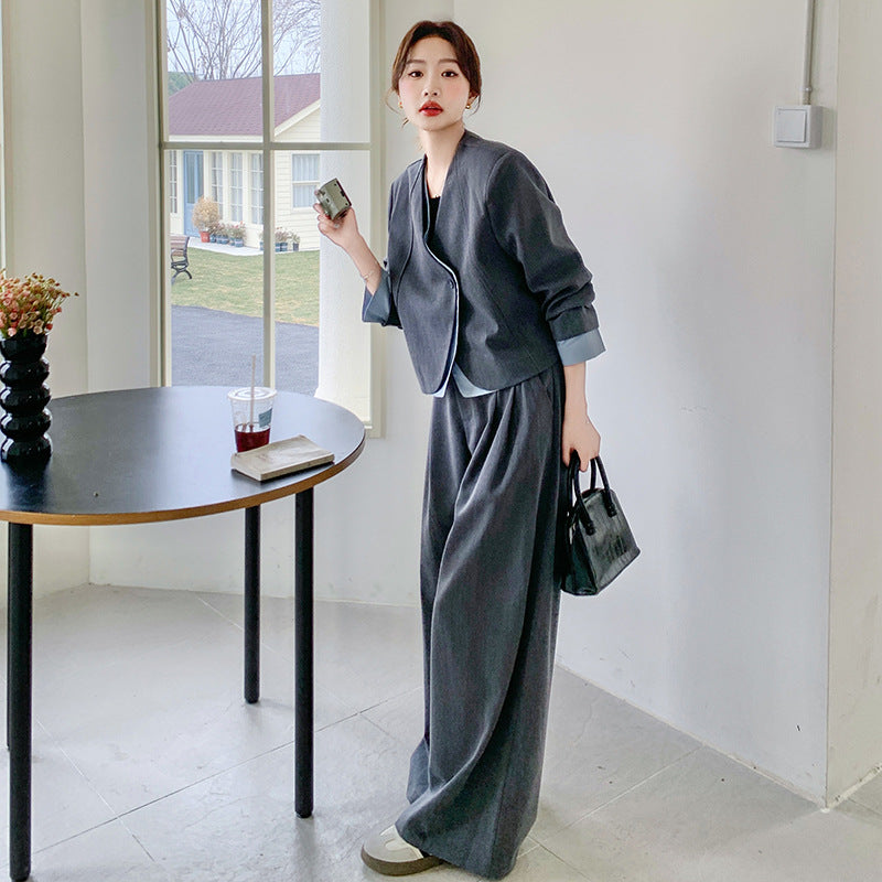 ノーカラージャケット＆ワイドパンツ セットアップ