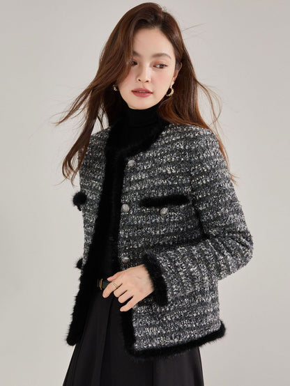 ミンクヘアステッチ付きショート丈ノーカラーツイードジャケット