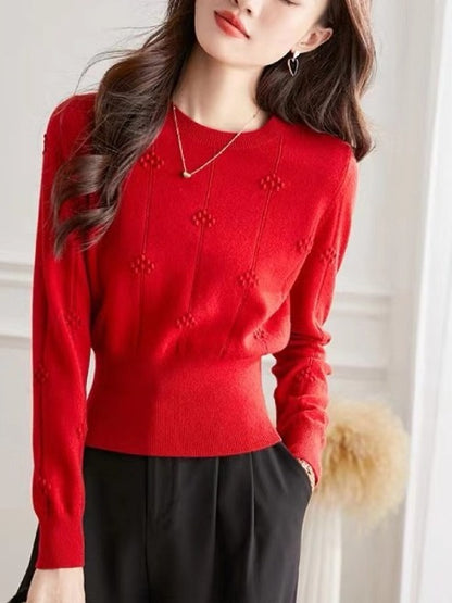 花柄ドット編みVネックニット