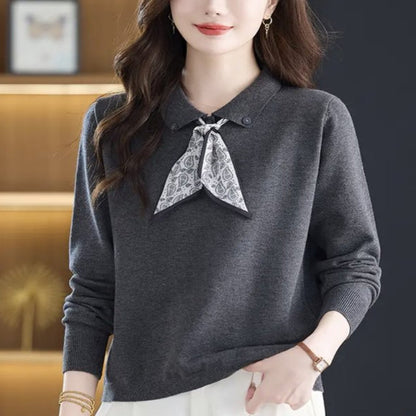 上品ラペルカラーリボンニット