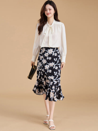 ボウタイ付きシフォンブラウス