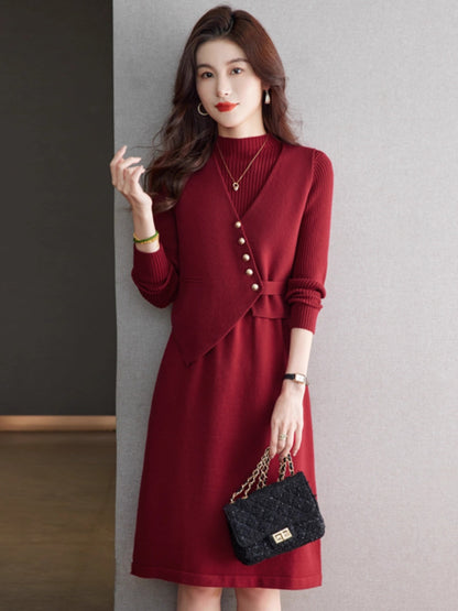 ニットトップス＆ラップ風ミディワンピース