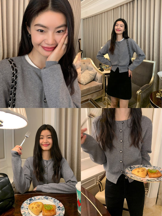 パールボタン クルーネックニットカーディガン