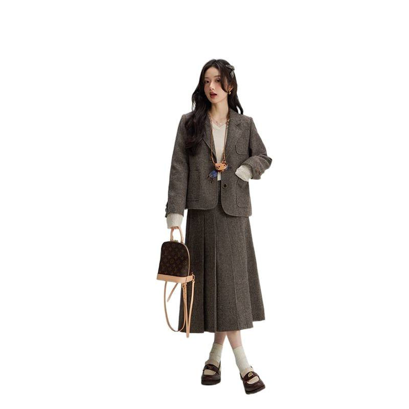 ウールライクジャケット＆プリーツミディスカート セットアップ