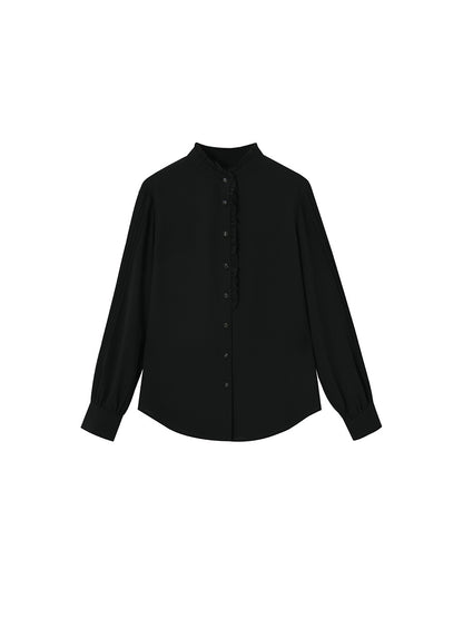 プリーツスリーブ×フリルスタンドカラーブラウス