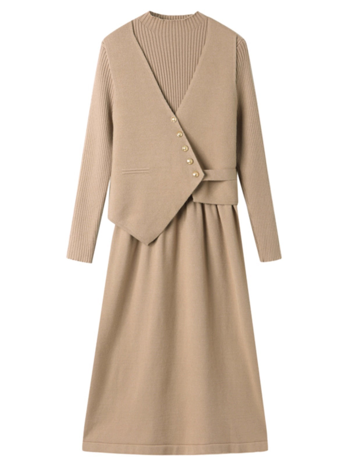 ニットトップス＆ラップ風ミディワンピース