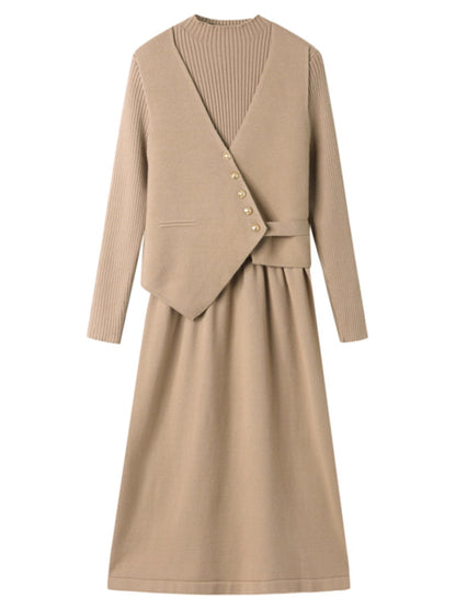 ニットトップス＆ラップ風ミディワンピース