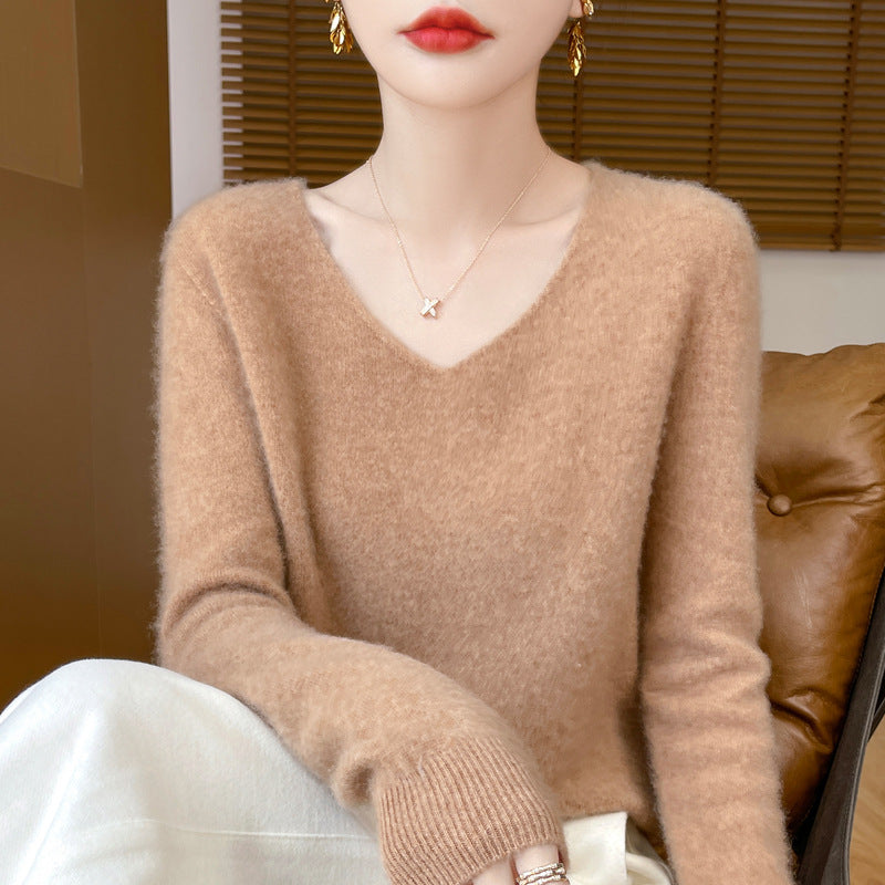 100％ウール無縫製Vネックセーター