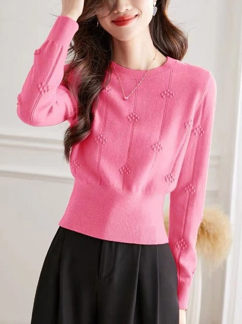 花柄ドット編みVネックニット