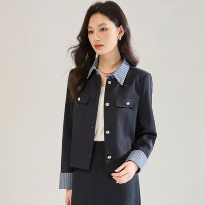 ストライプシャツレイヤード風ジャケット＆ミディスカート セットアップ