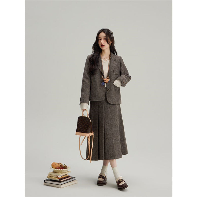 ウールライクジャケット＆プリーツミディスカート セットアップ