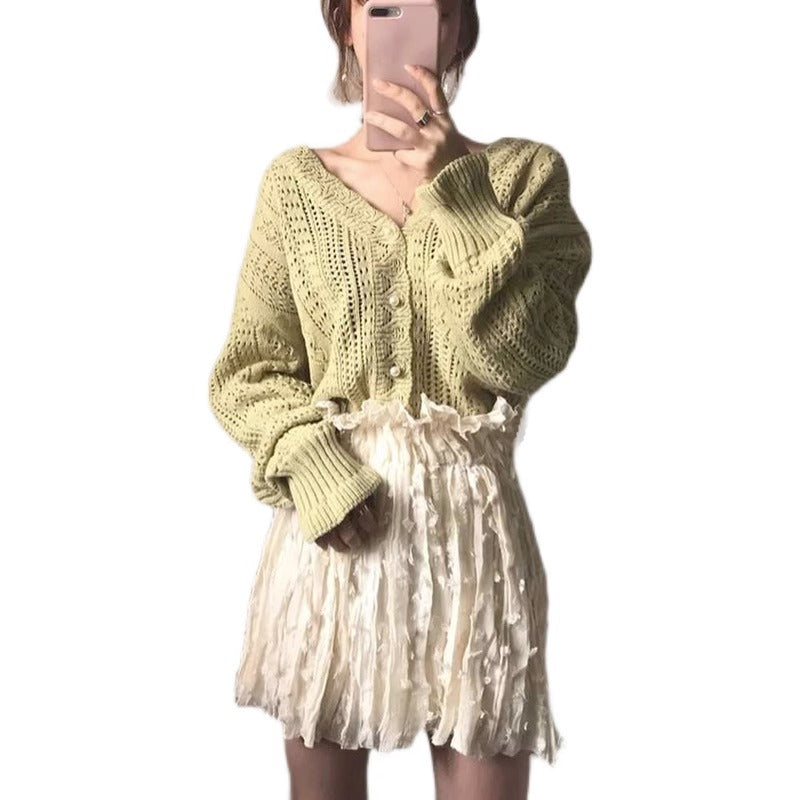 パールボタンVネック透かし編みニットカーディガン