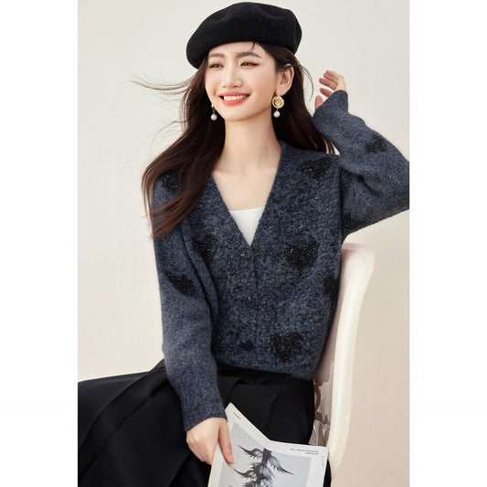 ハートスパンコールVネックショートニットカーディガン