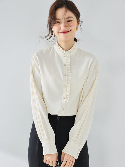 プリーツスリーブ×フリルスタンドカラーブラウス