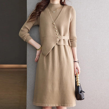 ニットトップス＆ラップ風ミディワンピース