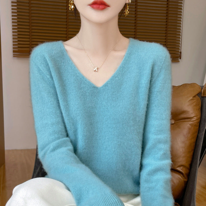 100％ウール無縫製Vネックセーター