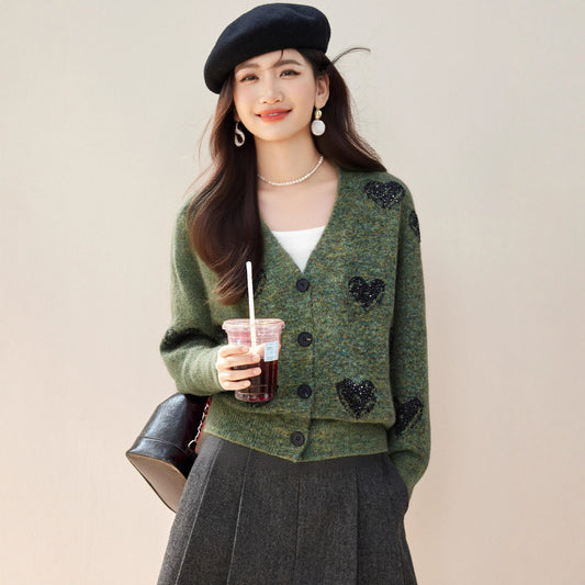 ハートスパンコールVネックショートニットカーディガン