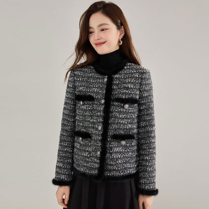 ミンクヘアステッチ付きショート丈ノーカラーツイードジャケット