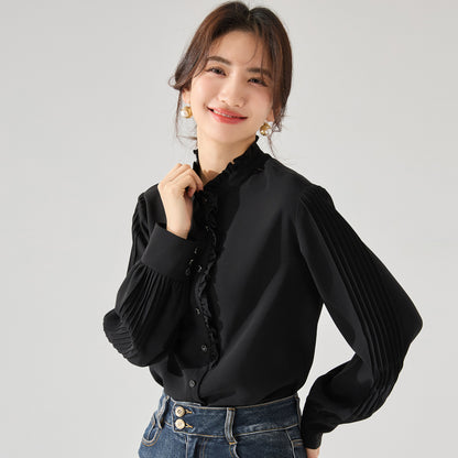 プリーツスリーブ×フリルスタンドカラーブラウス