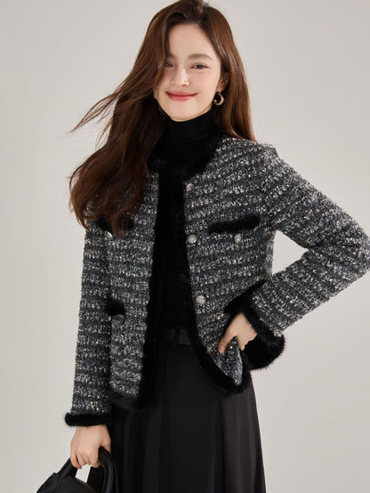 ミンクヘアステッチ付きショート丈ノーカラーツイードジャケット