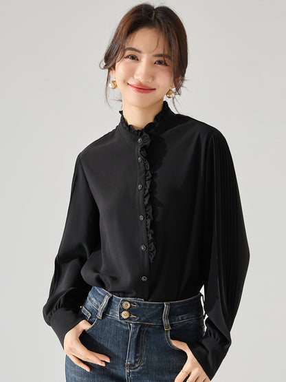 プリーツスリーブ×フリルスタンドカラーブラウス