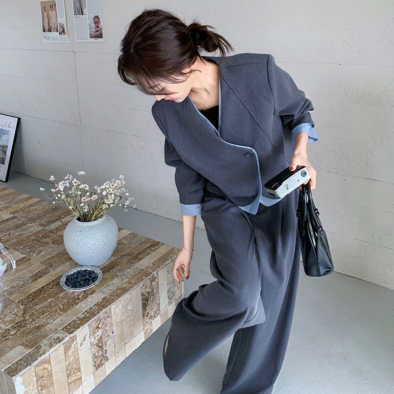 ノーカラージャケット＆ワイドパンツ セットアップ