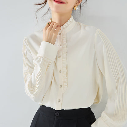 プリーツスリーブ×フリルスタンドカラーブラウス