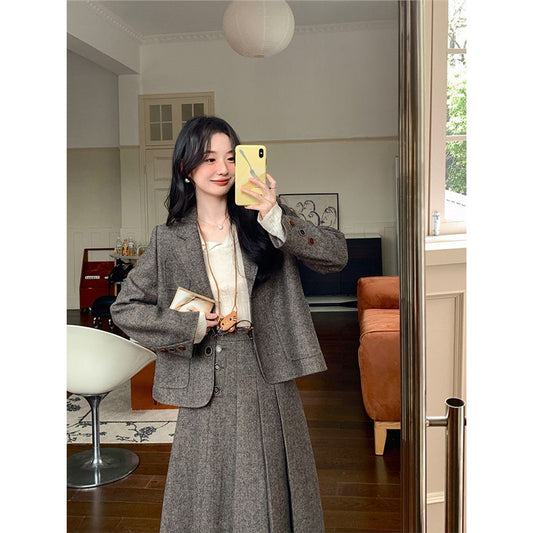 ウールライクジャケット＆プリーツミディスカート セットアップ