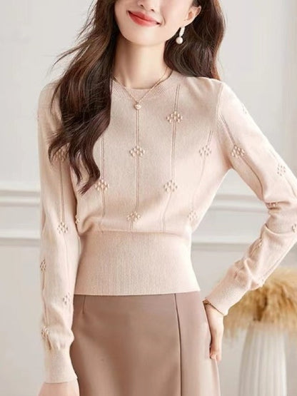 花柄ドット編みVネックニット