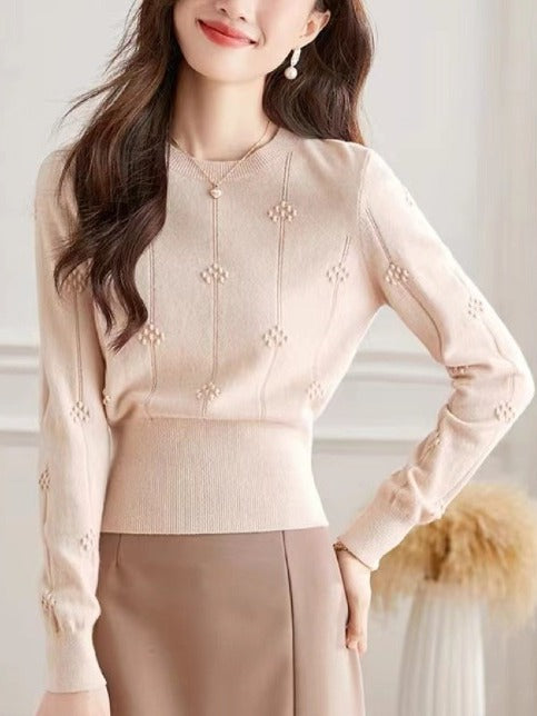 花柄ドット編みVネックニット