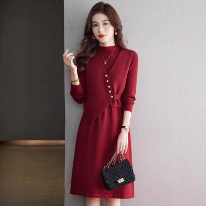 ニットトップス＆ラップ風ミディワンピース