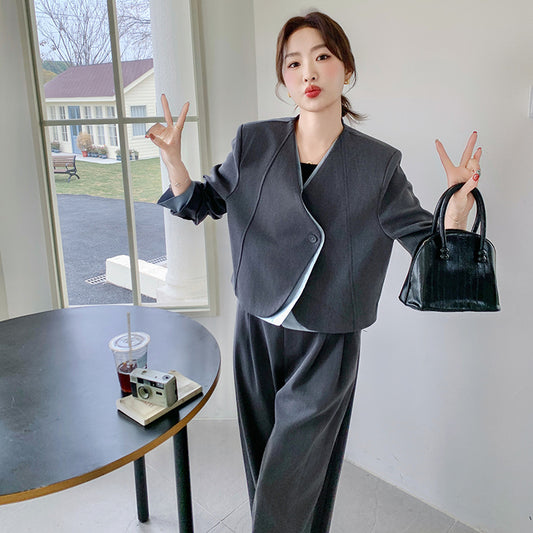 ノーカラージャケット＆ワイドパンツ セットアップ