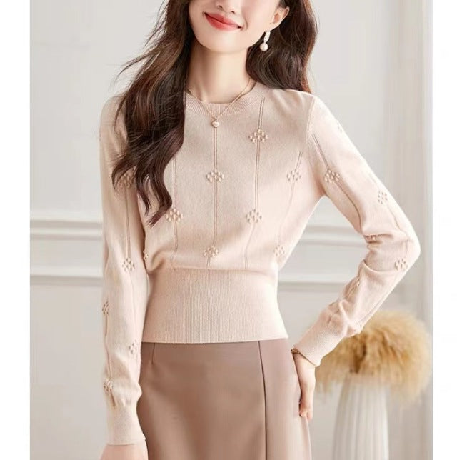 花柄ドット編みVネックニット